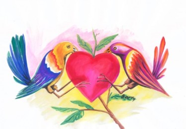 Painting titled "Birds in Love 01" by Emmanuel Baliyanga, Original Artwork, Oil