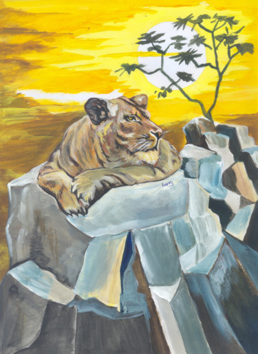 Pittura intitolato "Lion On The look Out" da Emmanuel Baliyanga, Opera d'arte originale, Olio
