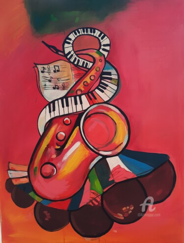 Pintura intitulada "Tribes of music" por Ebenezer Kwesi Ofori Appiah, Obras de arte originais, Acrílico