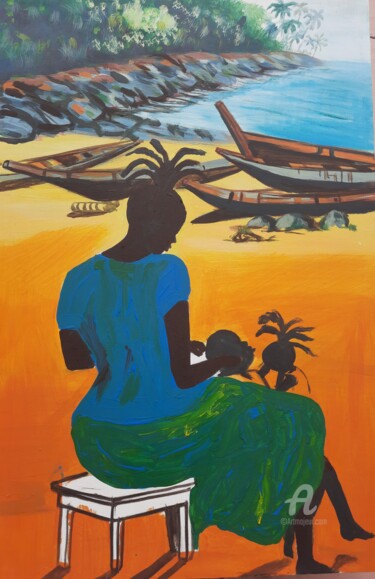 Painting titled "Peace at the beach" by Ebenezer Kwesi Ofori Appiah, Original Artwork, Acrylic