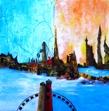 Painting titled "Mystical Town" by Blanka Mandel, Original Artwork, Acrylic Mounted on Wood Stretcher frame