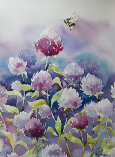 Painting titled "Little bee" by Ecaterina Ojevan, Original Artwork, Watercolor