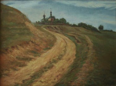Painting titled "The road to the tem…" by Evgenii Chekalov, Original Artwork, Oil