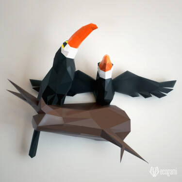 Scultura intitolato "Couple de toucans p…" da Ecogami, Opera d'arte originale, Carta
