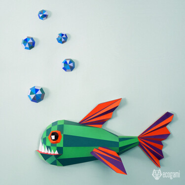 Sculpture titled "Trophée poisson amu…" by Ecogami, Original Artwork, Paper