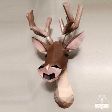 Skulptur mit dem Titel "Trophée de cerf pap…" von Ecogami, Original-Kunstwerk, Papier