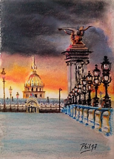 Desenho intitulada "Pont Alexandre III.…" por Phil, Obras de arte originais, Pastel