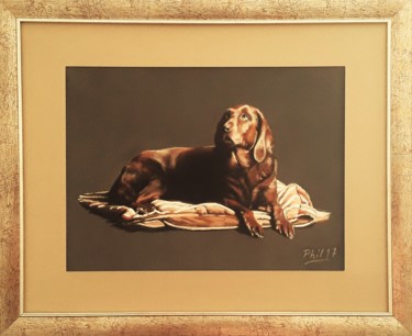 Рисунок под названием "Le chien..." - Phil, Подлинное произведение искусства, Пастель Установлен на Деревянная панель