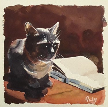 Painting titled "Le chat" by Phil, Original Artwork, Watercolor