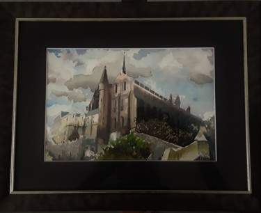 Painting titled "Mont St Michel" by Phil, Original Artwork, Watercolor Mounted on Wood Panel