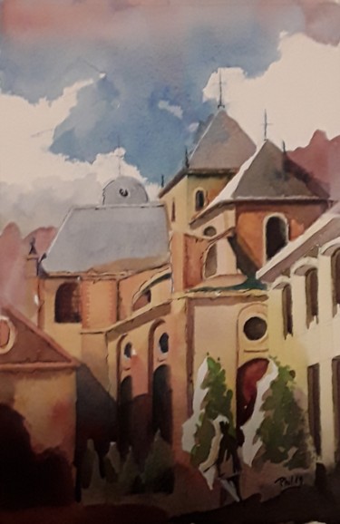 Painting titled "Cathédrale de Dax..." by Phil, Original Artwork, Watercolor