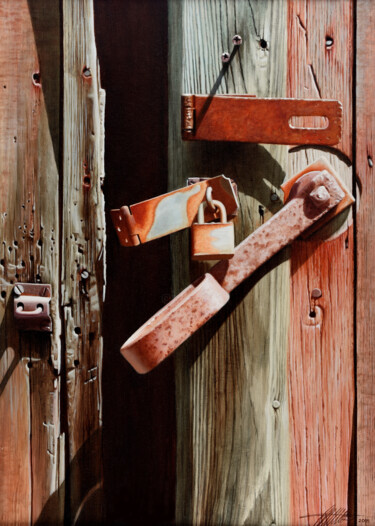 Schilderij getiteld "Locks and Latches 1" door Ed Little, Origineel Kunstwerk, Olie