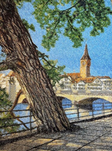 Textilkunst mit dem Titel "Abendlicher Zürich" von Eddi Vandam, Original-Kunstwerk, Stickerei
