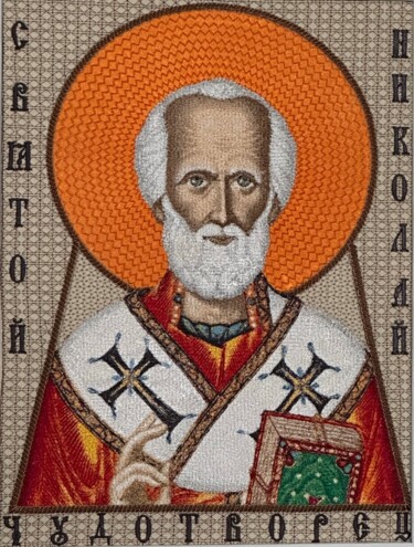 纺织艺术 标题为“Orthodoxe Ikone „Ni…” 由Eddi Vandam, 原创艺术品, 刺绣 安装在木质担架架上