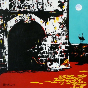 Schilderij getiteld "Two Cranes" door Eddie Lim, Origineel Kunstwerk, Olie