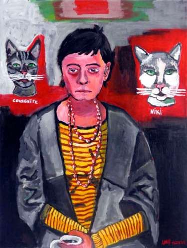 Malerei mit dem Titel "Portrait aux chats" von Eddy Legrand, Original-Kunstwerk, Acryl