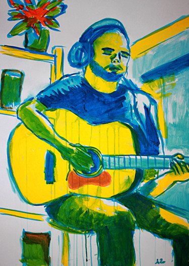 Malerei mit dem Titel "Le guitariste" von Eddy Legrand, Original-Kunstwerk, Acryl