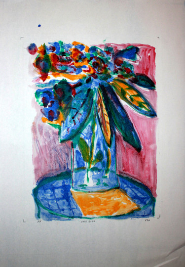 Druckgrafik mit dem Titel "Vase bleu" von Eddy Legrand, Original-Kunstwerk, Monotypie