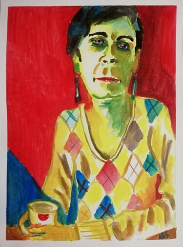 Malerei mit dem Titel "Femme au pull jaune" von Eddy Legrand, Original-Kunstwerk, Aquarell