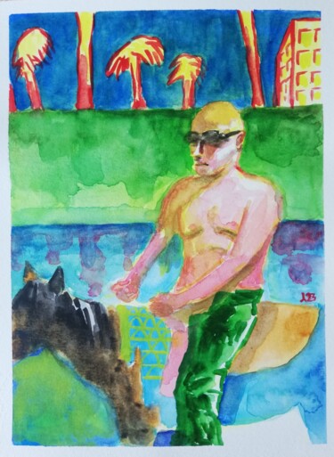 Painting titled "Homme à cheval" by Eddy Legrand, Original Artwork, Watercolor