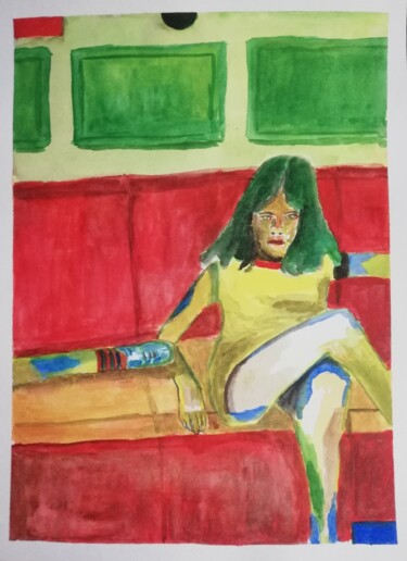 Painting titled "Dans le train" by Eddy Legrand, Original Artwork, Watercolor