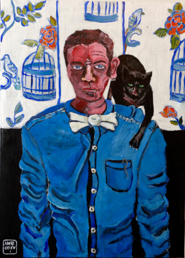Malerei mit dem Titel "Autoportrait au chat" von Eddy Legrand, Original-Kunstwerk, Acryl