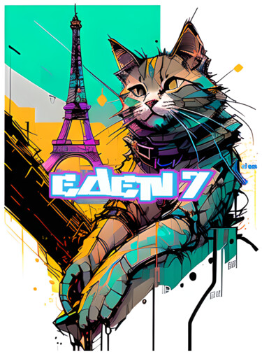 Digitale Kunst mit dem Titel "Cat in Paris Eiffel" von Edenseven Graffiti Street Art, Original-Kunstwerk, Digitale Malerei