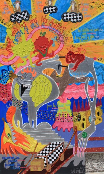 Collages titulada "Aimez vous les uns…" por Edie Tempier, Obra de arte original, Acrílico Montado en Panel de madera