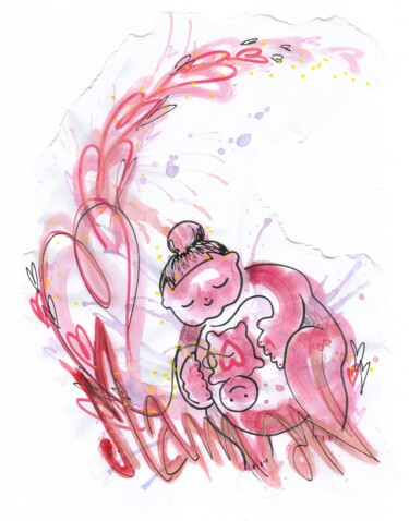 Ζωγραφική με τίτλο "Maman rose" από Edie Tempier, Αυθεντικά έργα τέχνης, Ακουαρέλα