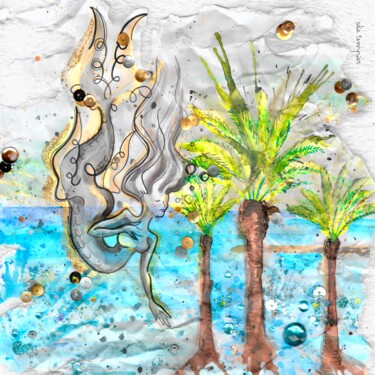 Malerei mit dem Titel "Sirène et palmiers" von Edie Tempier, Original-Kunstwerk, Aquarell