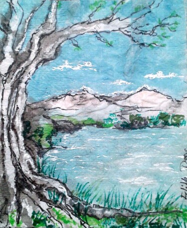 Dessin intitulée "Au bord du lac" par Edith Bos Boyer (EDITH DONC), Œuvre d'art originale, Encre