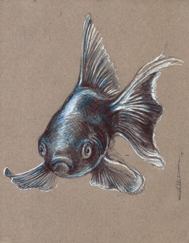 Dessin intitulée "Poisson rouge mais…" par Edith Bos Boyer (EDITH DONC), Œuvre d'art originale, Stylo à bille