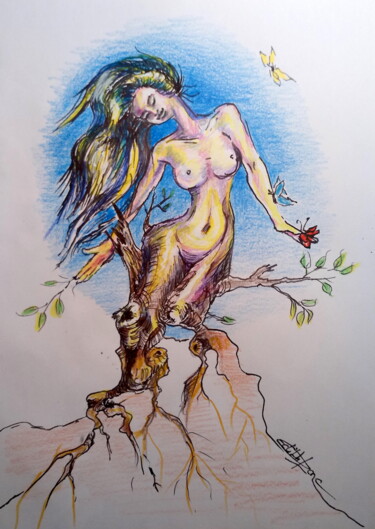 Dessin intitulée "Le printemps arrive" par Edith Bos Boyer (EDITH DONC), Œuvre d'art originale, Crayon