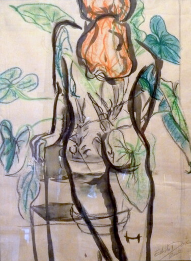 Desenho intitulada "Nu au philodendron" por Edith Bos Boyer (EDITH DONC), Obras de arte originais, Pastel