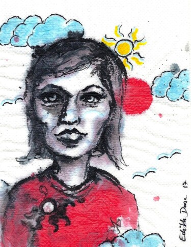 Desenho intitulada "Soleil rouge" por Edith Donc, Obras de arte originais, Tinta