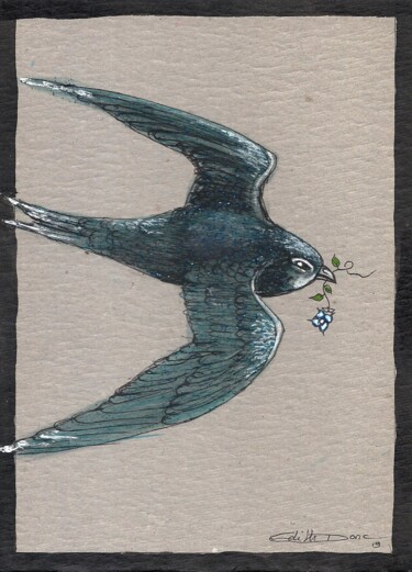 Drawing titled "L'oiseau bleu" by Edith Donc, Original Artwork, Ballpoint pen