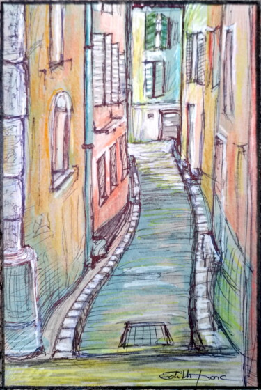 Drawing titled "Rue Bresson à Hyères" by Edith Donc, Original Artwork, Pencil