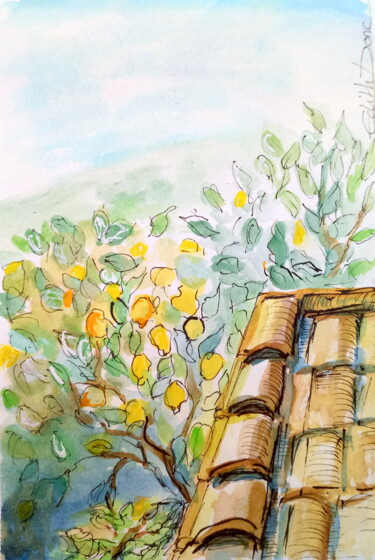 Drawing titled "Les citronniers" by Edith Donc, Original Artwork, Watercolor
