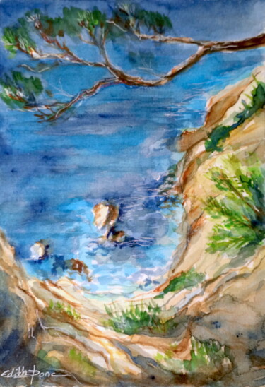 Painting titled "Port Cros" by Edith Donc, Original Artwork, Watercolor