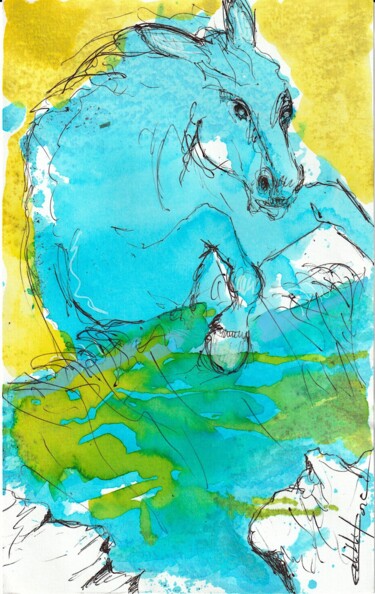 Desenho intitulada "Cheval en chute" por Edith Donc, Obras de arte originais, Tinta