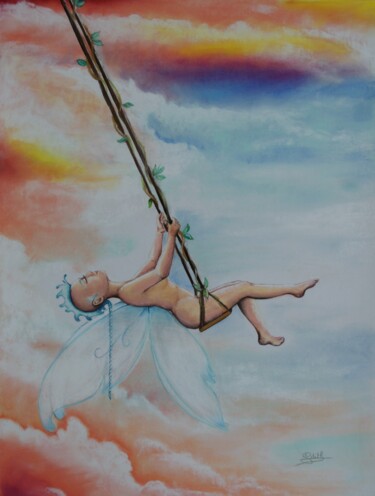 Dessin intitulée "La balançoire" par Edith Stenven, Œuvre d'art originale, Pastel