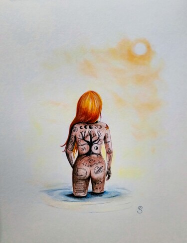 Tekening getiteld "Tatoogirl" door Edith Stenven, Origineel Kunstwerk, Inkt