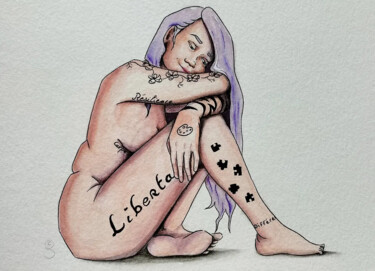 Dibujo titulada "Tatoogirl 2" por Edith Stenven, Obra de arte original, Acuarela