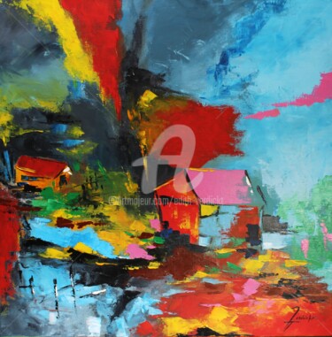 Schilderij getiteld "cabane-rouge" door Edith Verdickt, Origineel Kunstwerk, Acryl