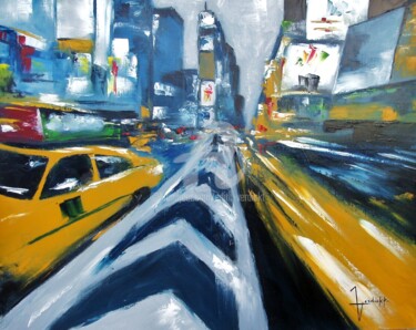 Painting titled "TAXIS JAUNES" by Edith Verdickt, Original Artwork, Oil