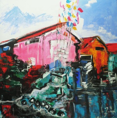 Schilderij getiteld "CABANE ROSE" door Edith Verdickt, Origineel Kunstwerk, Acryl