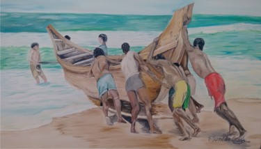 Pintura intitulada "empurrando-barco-na…" por Edivaldo Cruz, Obras de arte originais, Óleo