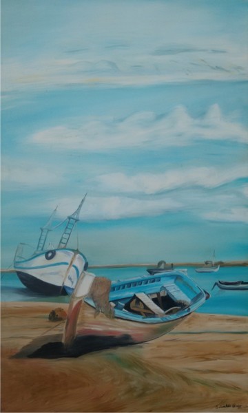 Painting titled "barcos-na-praia.jpg" by Edivaldo Cruz, Original Artwork, Oil