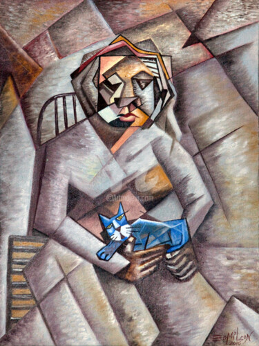 Pintura intitulada "Mulher com gato azul" por Ed Oliveira, Obras de arte originais, Óleo