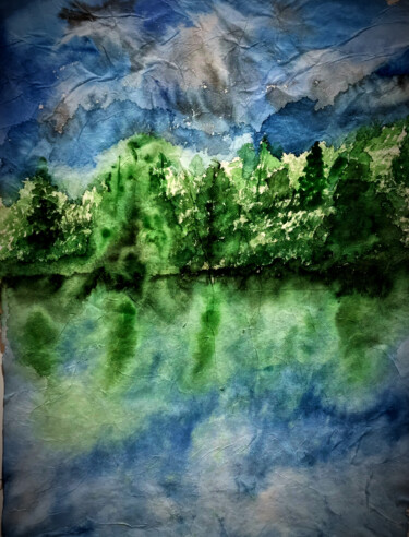 Peinture intitulée "nature verte au cie…" par Edmond Agalliu, Œuvre d'art originale, Aquarelle